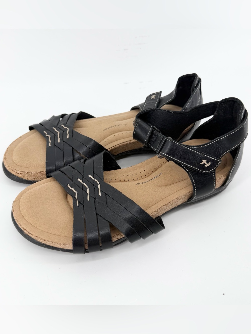 Clarks 8M Roseville Cove Black Leather Strappy Comfort Sandal Flat Ankle Strap